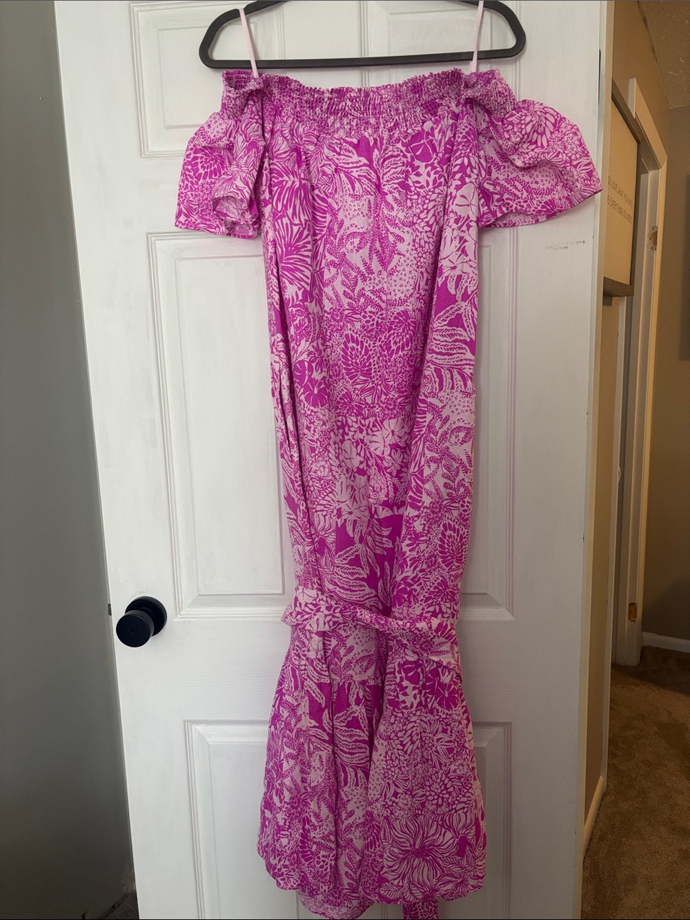 Lilly Pulitzer Hot Pink Botanical Off-Shoulder Maxi Dress with Tie - Picture 4 of 4